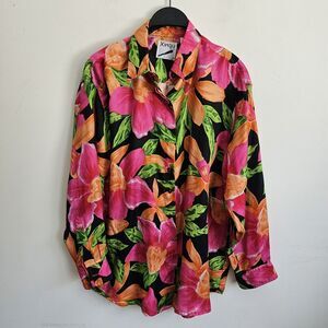 Vtg Xinqu 80s Vibrant 100% Silk Floral Long  Sleeve Oversize Blouse Size Small